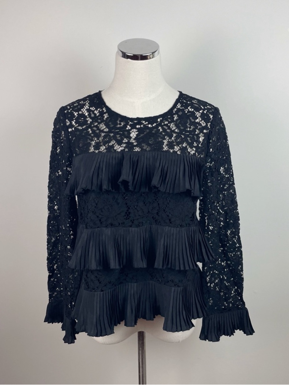 J. Crew Black Lace Ruffle Long Sleeve Sheer Blouse Top